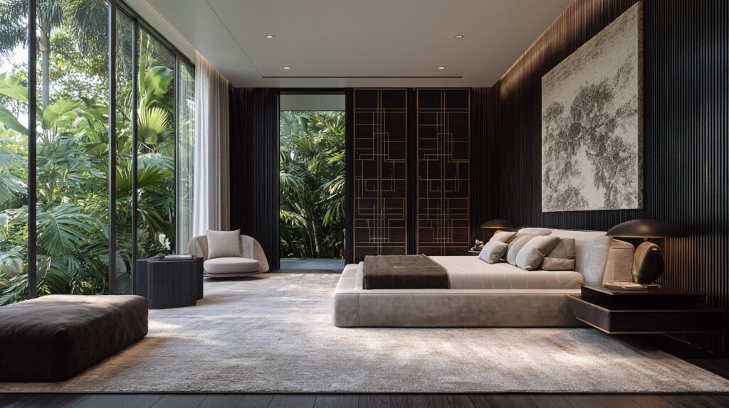 Sophisticated bedroom with low upholstered bed, wood paneling, and floor-to-ceiling windows opening onto tropical garden.