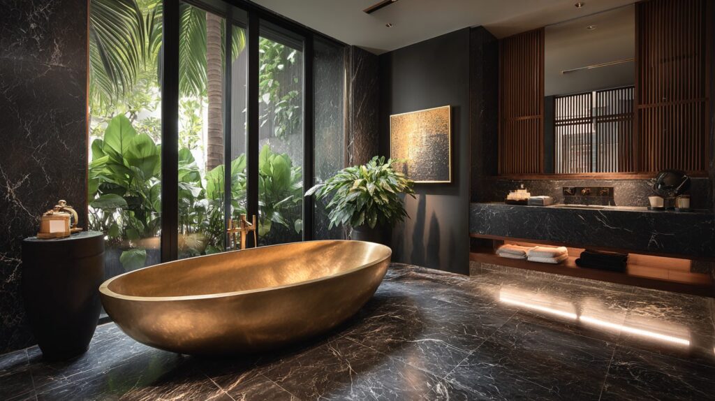 Modern bathroom with freestanding hammered brass bathtub, black marble flooring, and floor-to-ceiling windows overlooking lush greenery.