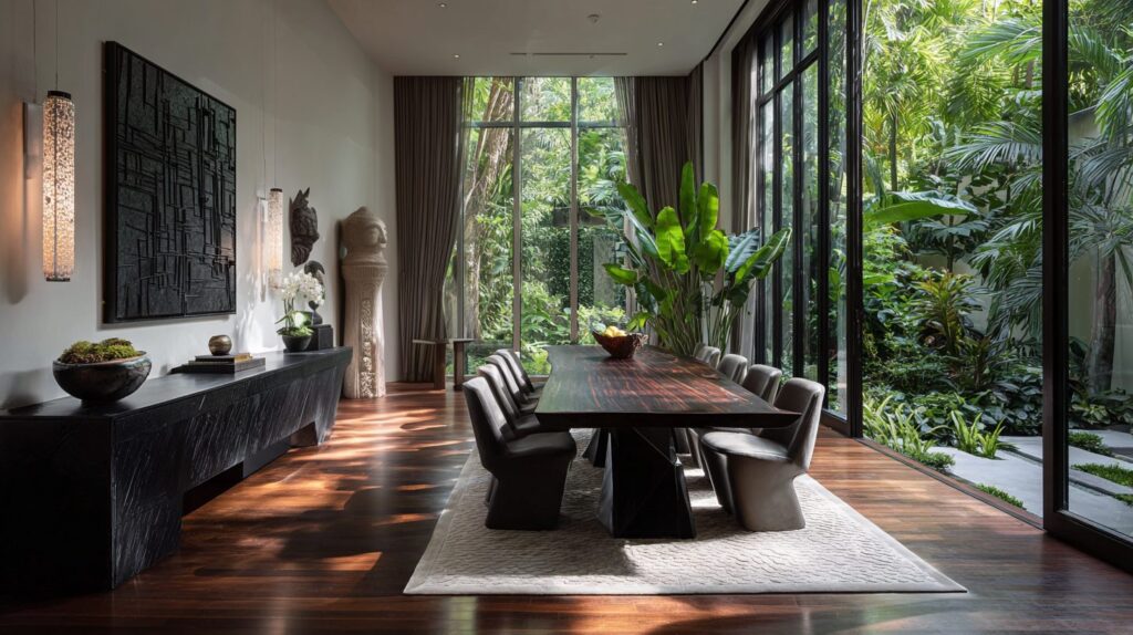 Contemporary dining room with live edge wood table, leather chairs, and floor-to-ceiling glass opening to tropical garden views.