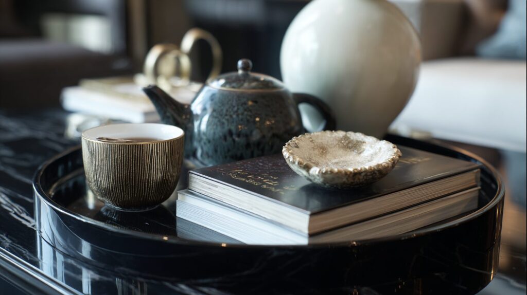 Close-up of styled coffee table with ceramic teapot, gold textured cup, and artisanal accessories on black marble tray.