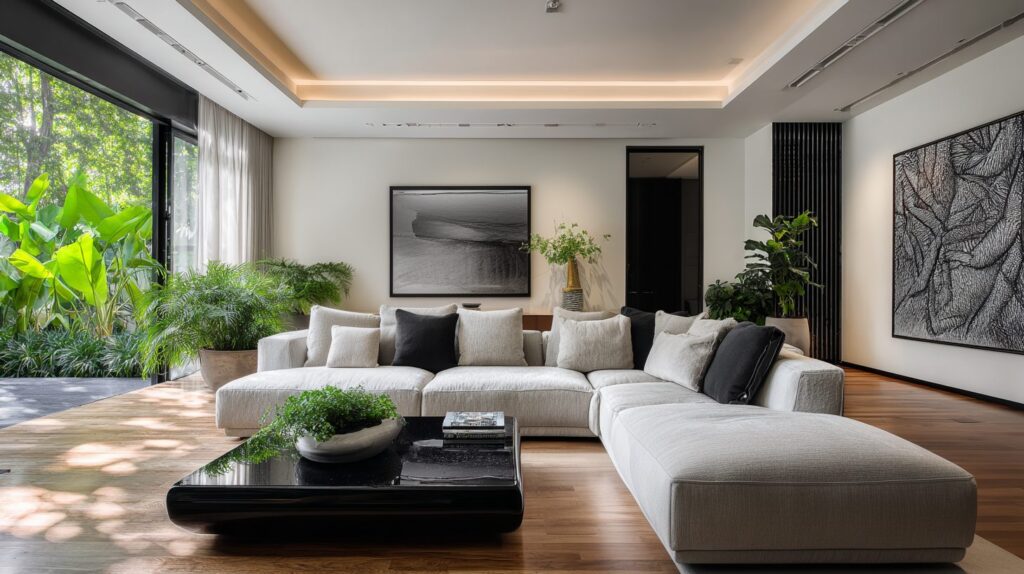 Minimalist living room with large modular sofa, black stone coffee table, and panoramic windows to landscaped garden.