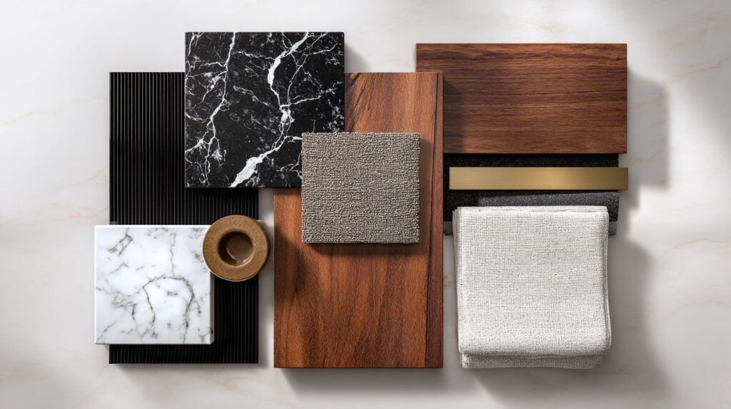 Luxury interior design material board featuring marble, wood, brass, and textured fabrics in a refined neutral palette.