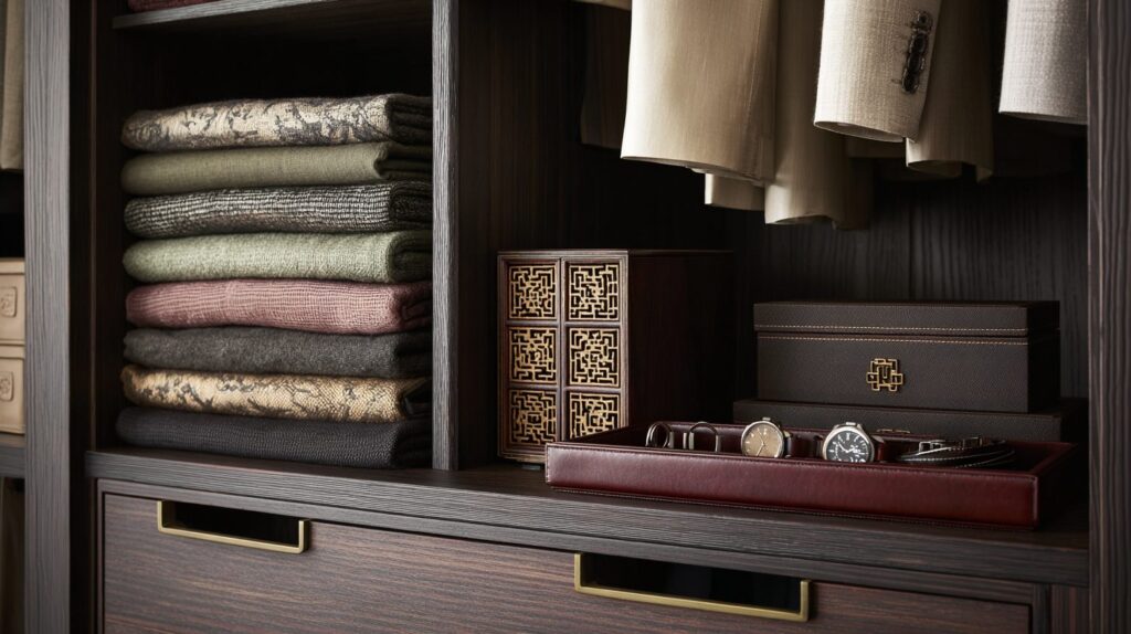 Luxury walk-in wardrobe detail with neatly folded knitwear, beige jackets, decorative boxes, and a leather tray with designer watches