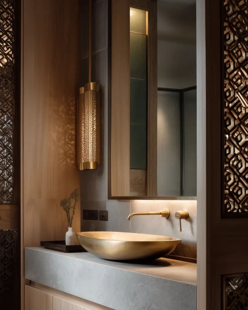 Luxurious restaurant powder room with carved timber lattice screen, golden basin, and warm indirect lighting.
