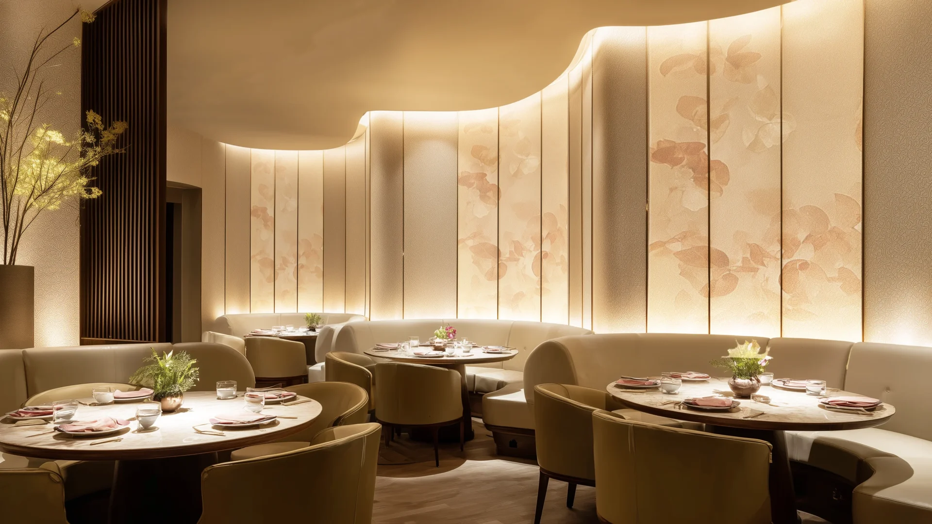 Wide-angle view of the dining room with softly glowing curved walls, muted beige palette, and refined seating.