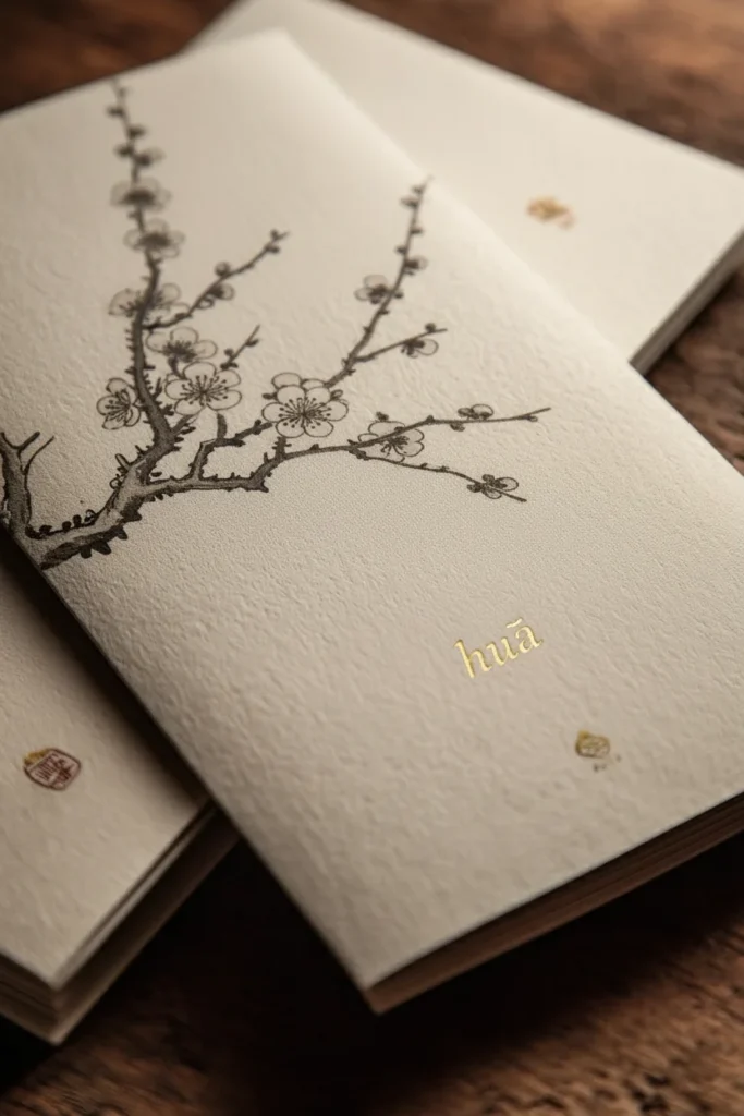 Luxurious close-up of the restaurant’s textured menu with gold embossed logo and Chinese calligraphy.