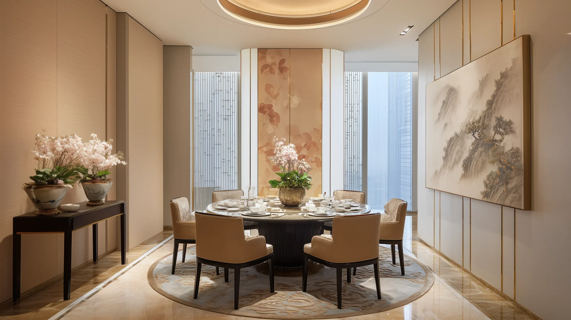A refined private dining room with a circular table, soft beige tones, panoramic city views, and delicate floral accents.