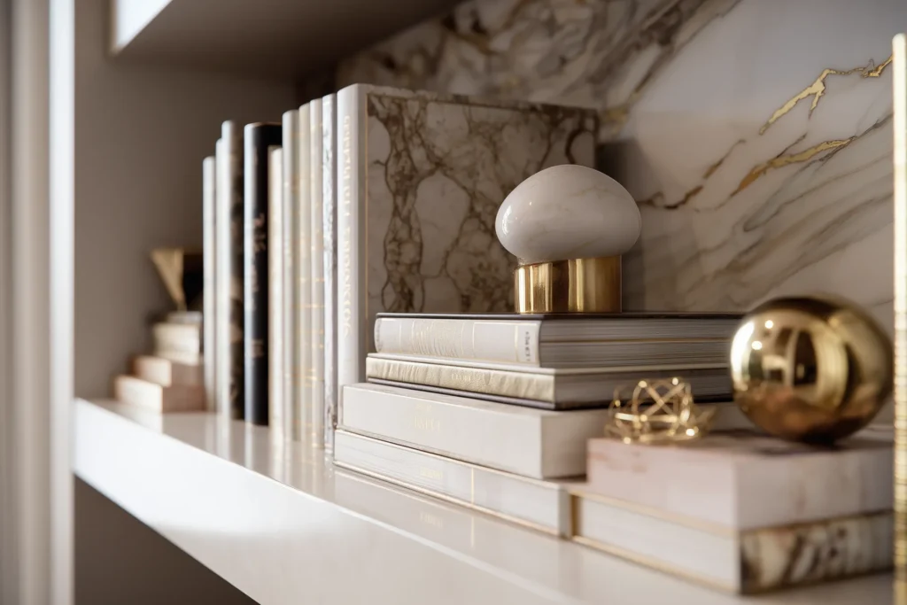 Elegant styling detail with stacked books and a sculptural lamp in a Dubai residence, soft warm lighting creating a refined and intimate vignette.