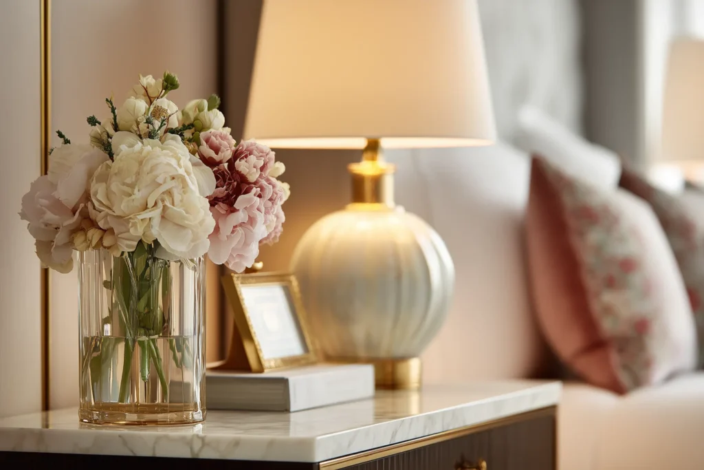 Close-up of bedside styling in a Dubai residence, floral arrangement in soft blush tones with sculptural lamp and stacked books.