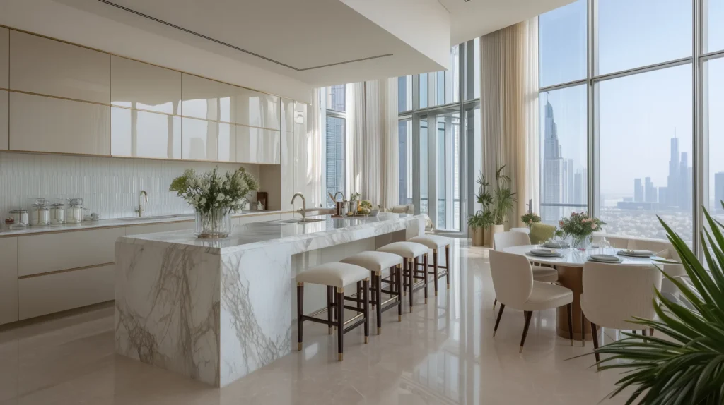Contemporary Dubai kitchen and dining space with white marble island, upholstered bar stools, full-height windows, and flowing natural light.