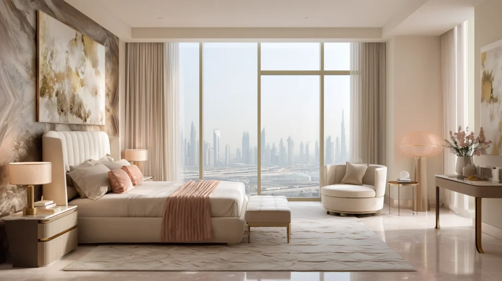 Luxury Dubai master bedroom with panoramic city views, contemporary furniture in soft neutrals, coral accent throw, and floor-to-ceiling windows.