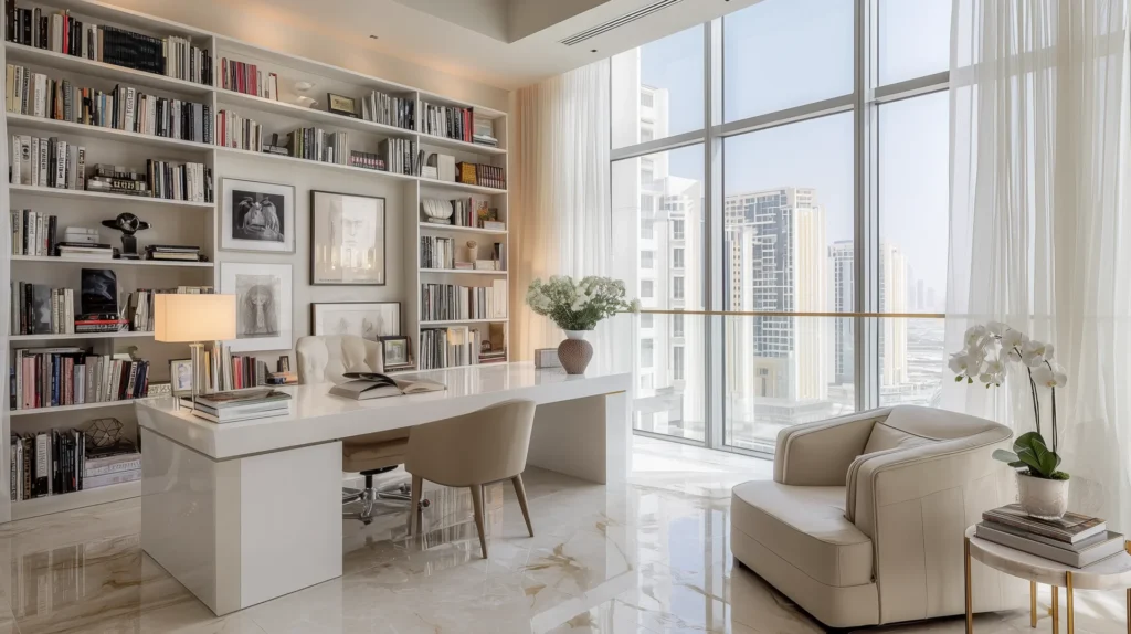 Luxury Dubai home study with panoramic city views, full-height bookshelves, polished marble floors, contemporary white desk with styled accessories, armchair with side table and orchid, and natural daylight filtering through sheer curtains.
