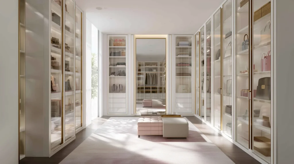 Luxury Dubai walk-in wardrobe with custom floor-to-ceiling cabinetry, glass-fronted doors, open shelving, soft natural light, and a central upholstered bench for dressing.