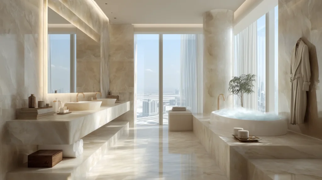 Dubai master bathroom in polished beige marble, freestanding bathtub, full-height windows, and refined detailing with abundant natural light.