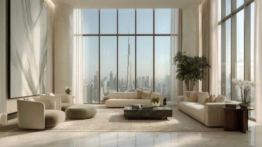 Luxury Dubai living room, floor-to-ceiling windows overlooking the Burj Khalifa skyline, contemporary sofas in neutral tones, marble coffee table, and interior greenery.