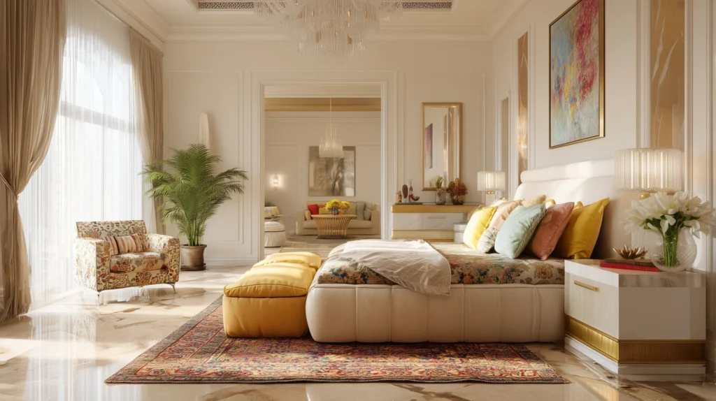 Luxury master bedroom with marble floors and Persian rug.