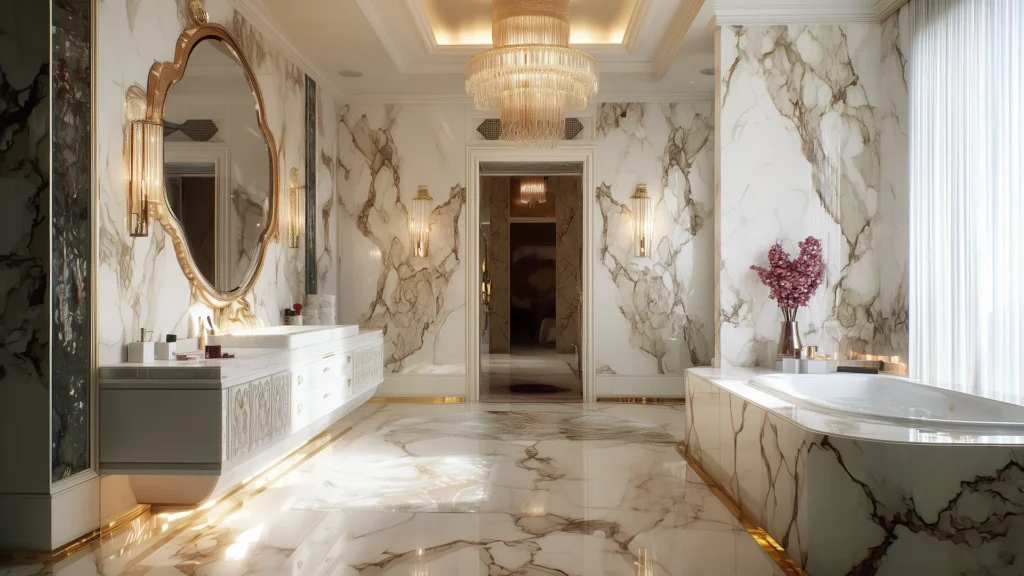 Opulent marble bathroom with gold accents, ornate mirror, and chandelier – Desert Rose project by Acquabella Studio.