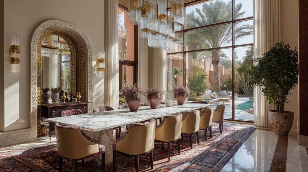 Luxury dining room with marble table, tall arched mirror, crystal chandeliers, and views of palm garden – Desert Rose project by Acquabella Studio