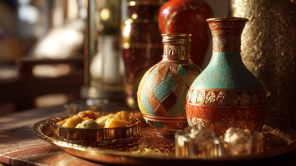 Close-up detail of ornate vases and golden tray with Middle Eastern sweets and crystal accents – Desert Rose project by Acquabella Studio.