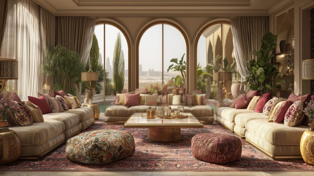 Spacious living room with arched windows, patterned poufs, neutral sofas, and desert views – Desert Rose project by Acquabella Studio.