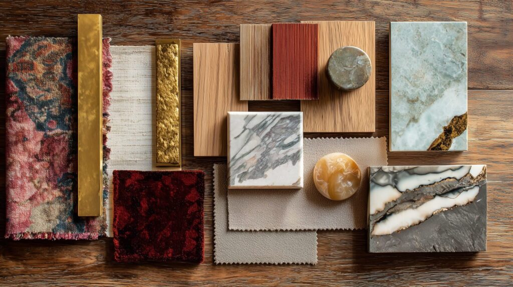 Interior design materials board with marble, velvet, wood, and gold finishes – Desert Rose project by Acquabella Studio.
