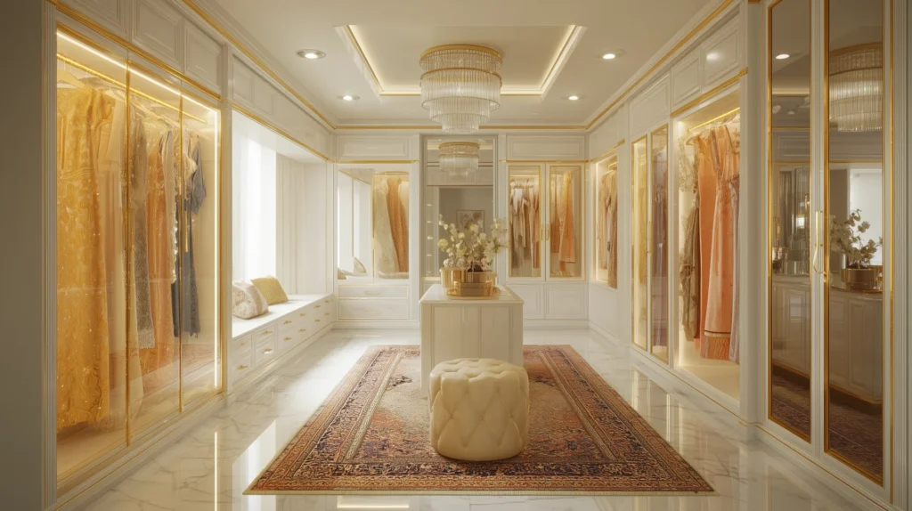 Luxury walk-in wardrobe with gold trim, chandeliers, and glass display cabinets – Desert Rose project by Acquabella Studio.