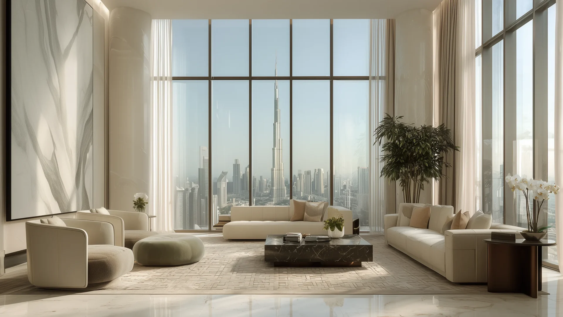 Modern Dubai luxury apartment interior with panoramic Burj Khalifa view. Minimalist living room design with neutral furniture, marble coffee table, and floor-to-ceiling windows flooding the space with natural light.