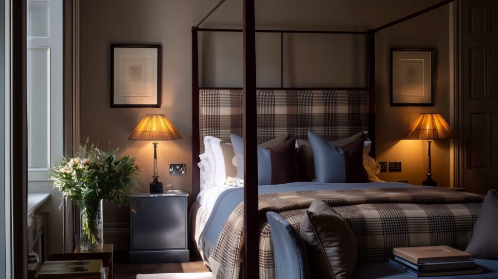 Luxury bedroom with four-poster bed, plaid accents, and warm ambient lighting, by Acquabella Studio.