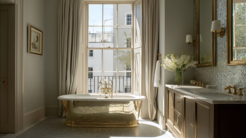 Elegant bathroom with freestanding gold bathtub, mosaic tile wall, double vanity with gold fixtures, large window with draped curtains, and fresh white flowers in a vase.