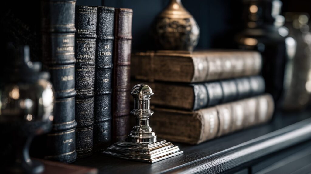 Interior detail of vintage stacked books and crystal chess piece on a dark wooden surface, by Acquabella Studio.