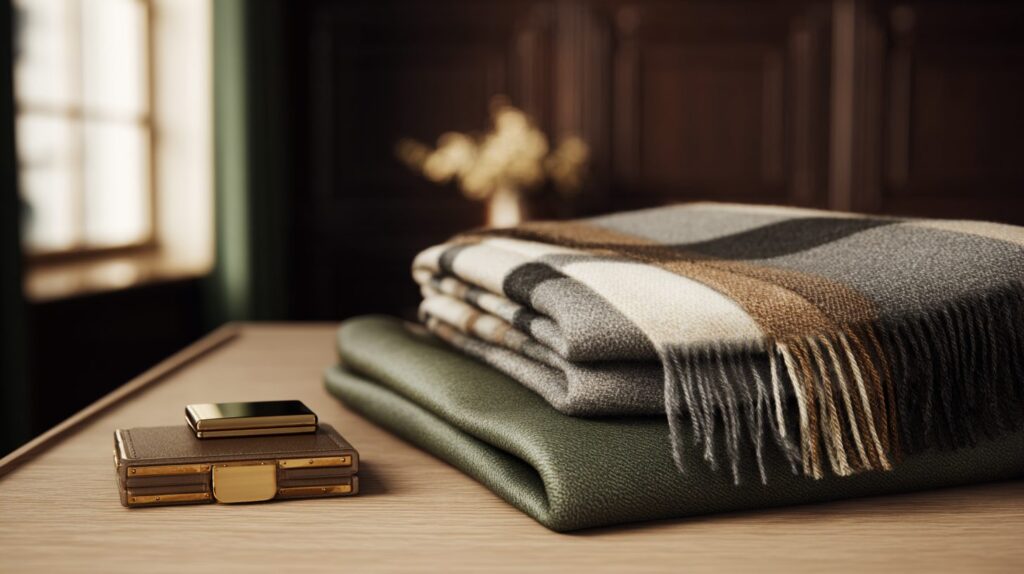 Detail of neatly folded wool throws and cashmere textiles in earthy tones, by Acquabella Studio.