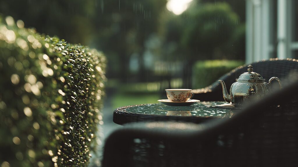 Detail of an outdoor seating area with wrought iron table and teacup set in a private garden, by Acquabella Studio.
