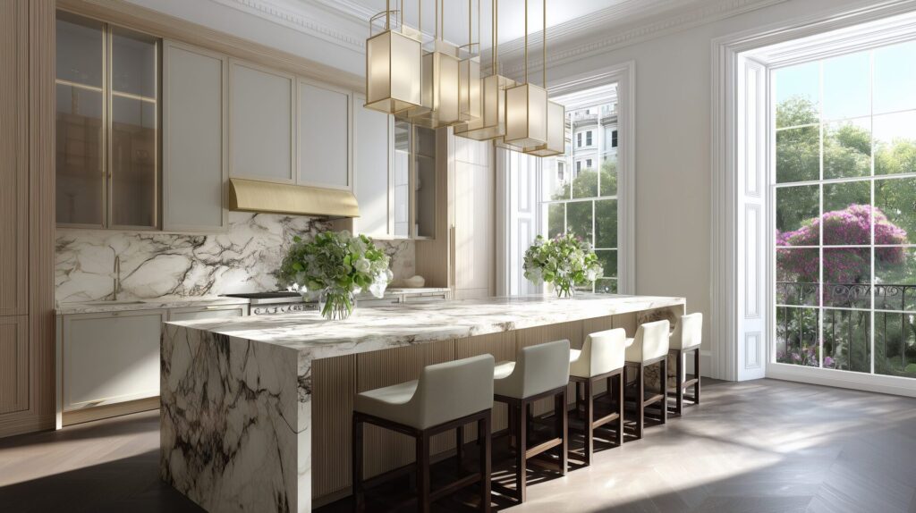 Modern luxury kitchen with marble island, bar stools, and statement pendant lighting, by Acquabella Studio.