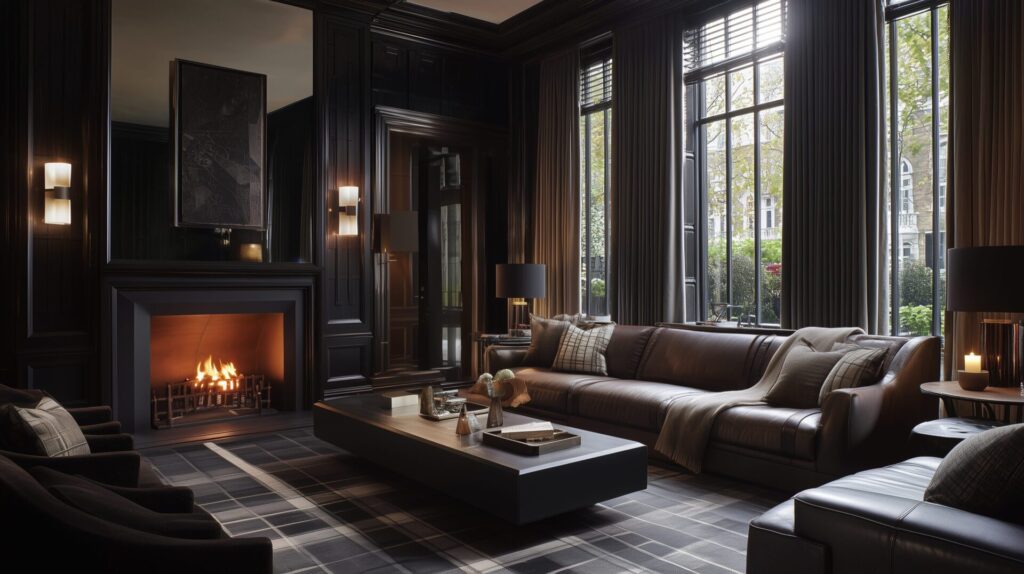 Dark-toned luxury living room with fireplace, high windows, and plaid patterned rug, by Acquabella Studio.