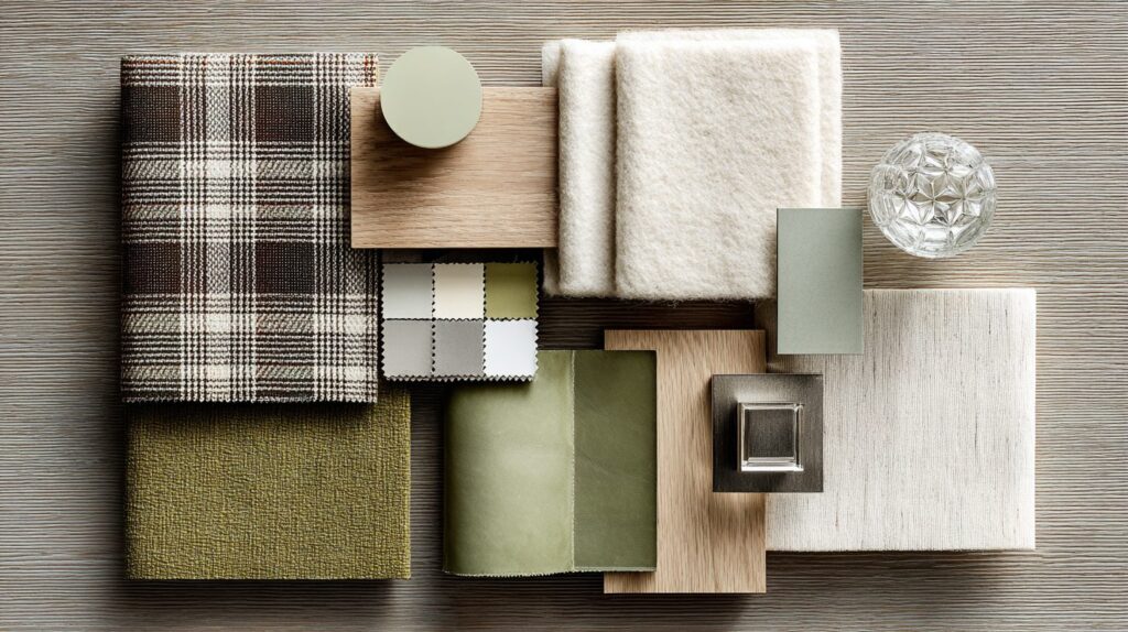 Interior design material board featuring wood, textiles, and stone in green and neutral tones, by Acquabella Studio.