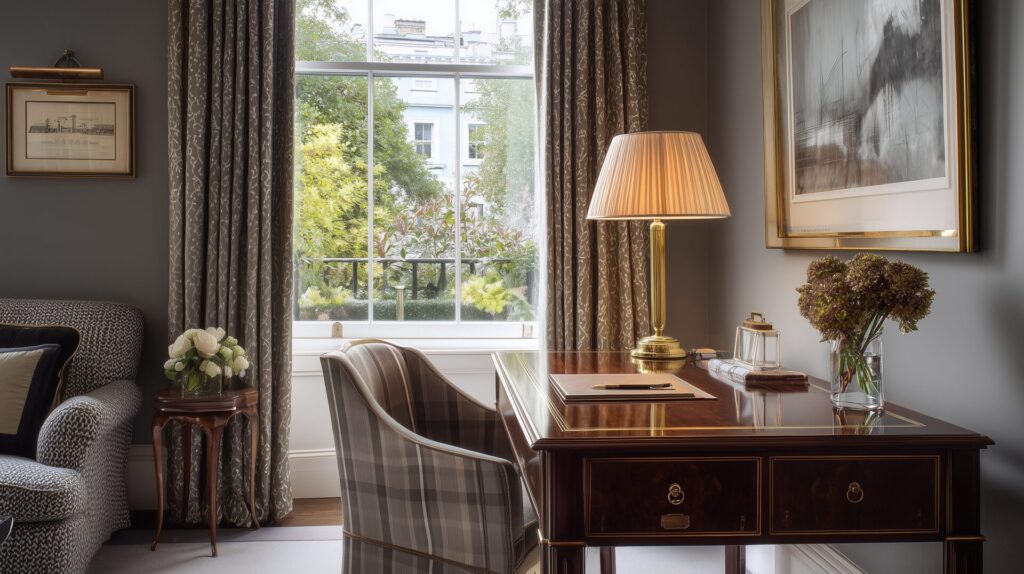 legant study with plaid upholstered chairs, wooden desk, and large window with drapery, by Acquabella Studio.