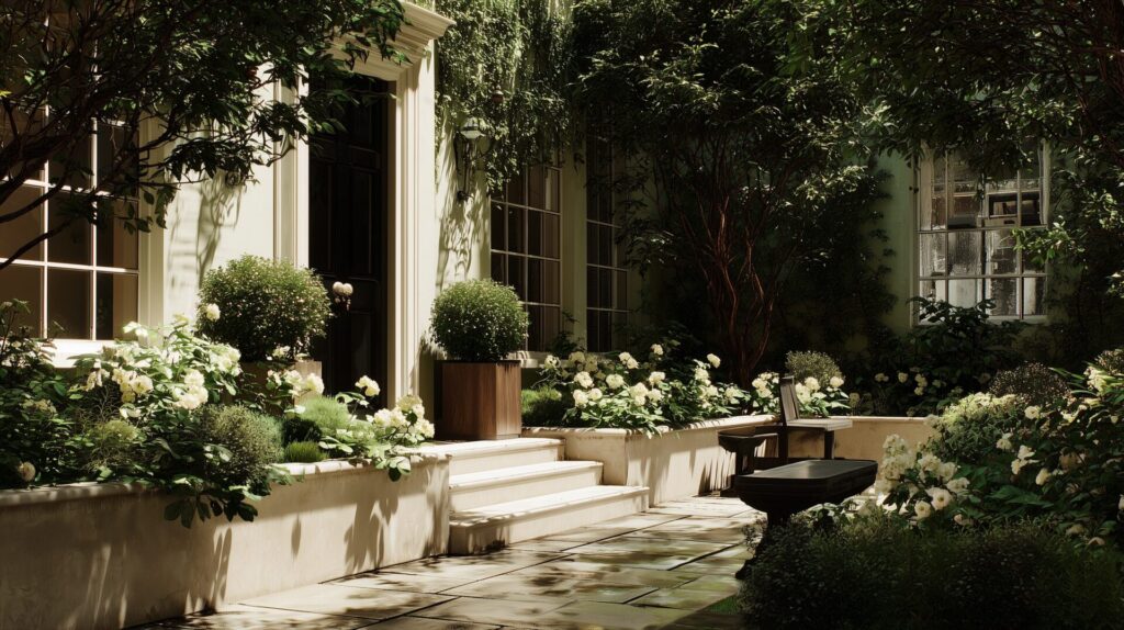 Luxury townhouse garden entrance with stone steps, manicured greenery, and potted plants, by Acquabella Studio.