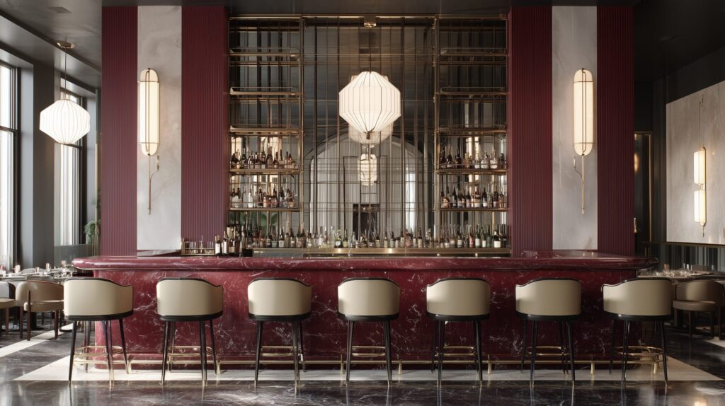 Luxurious bar with burgundy paneling, mirrored shelving, red marble bar, and upholstered bar stools, by Acquabella Studio.