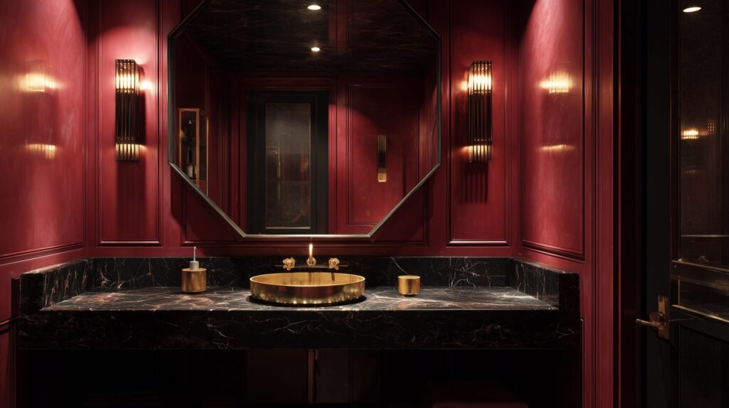 Luxurious powder room with deep burgundy lacquered walls, black marble countertop, and a round brushed gold sink, illuminated by modern wall sconces with warm golden light.
