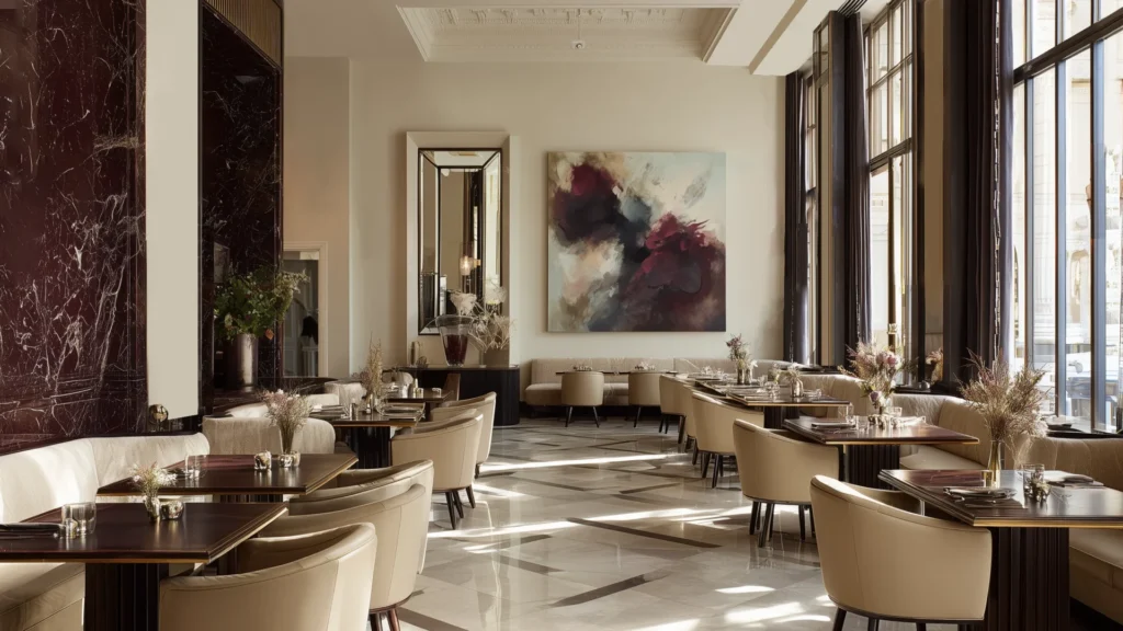 Elegant restaurant dining room with rows of upholstered chairs, large artwork, and polished marble flooring, by Acquabella Studio.