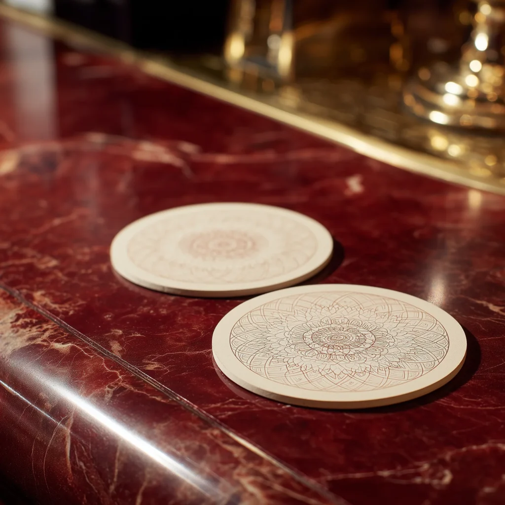 Detail of red marble bar counter with decorative coasters, by Acquabella Studio.