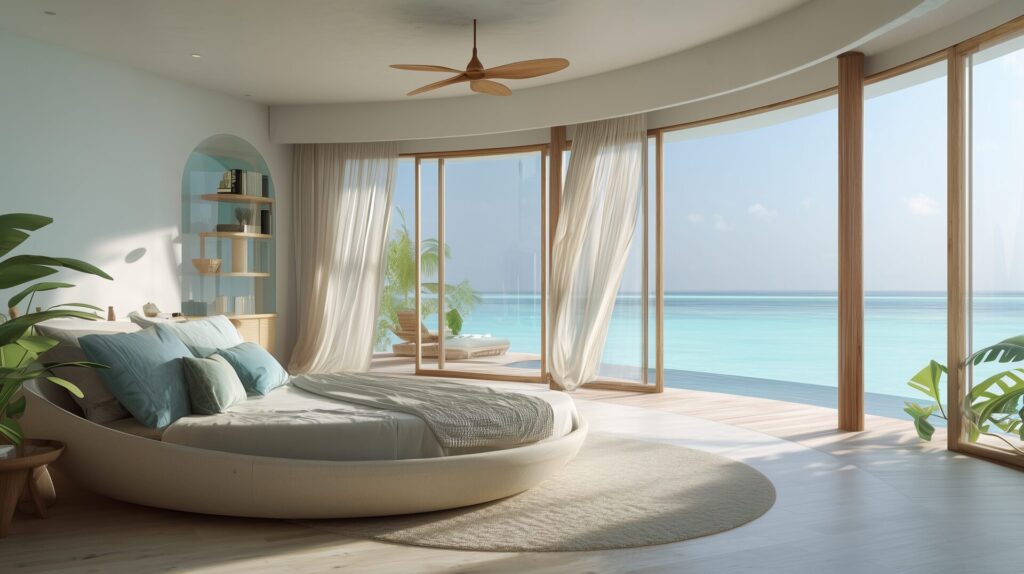 Oceanfront Maldives bedroom with circular bed, ceiling fan, and expansive sea views, by Acquabella Studio.