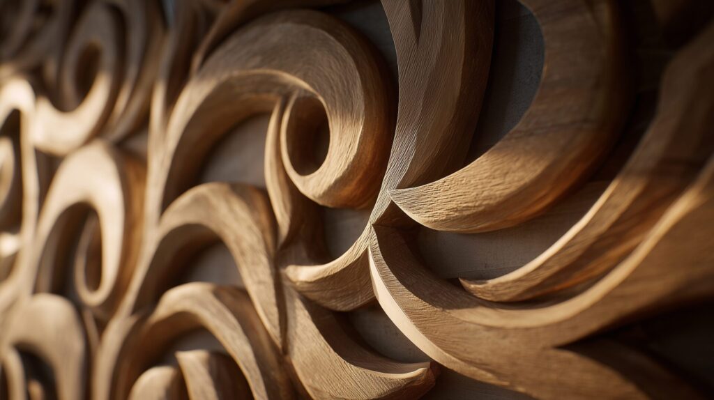 Close-up of sculpted wooden wall art with flowing organic curves, by Acquabella Studio.