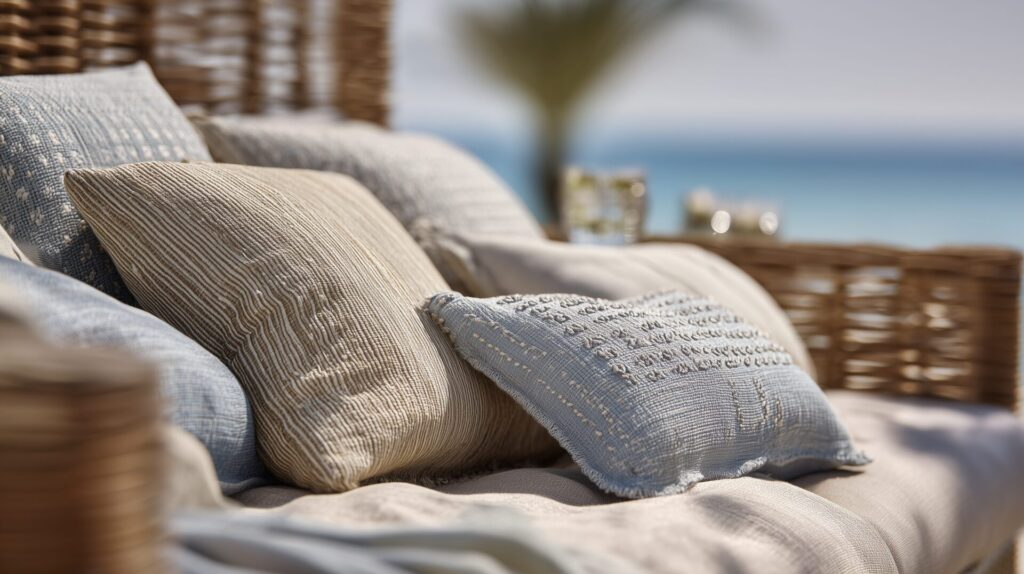 Detail of soft linen cushions in muted tones on a sunlounger / daybed in Maldives, by Acquabella Studio.