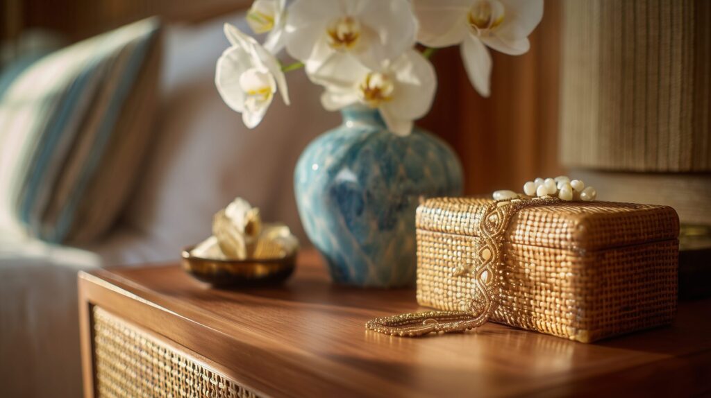 Detail of orchid arrangement in a ceramic vase with woven accessories, by Acquabella Studio.