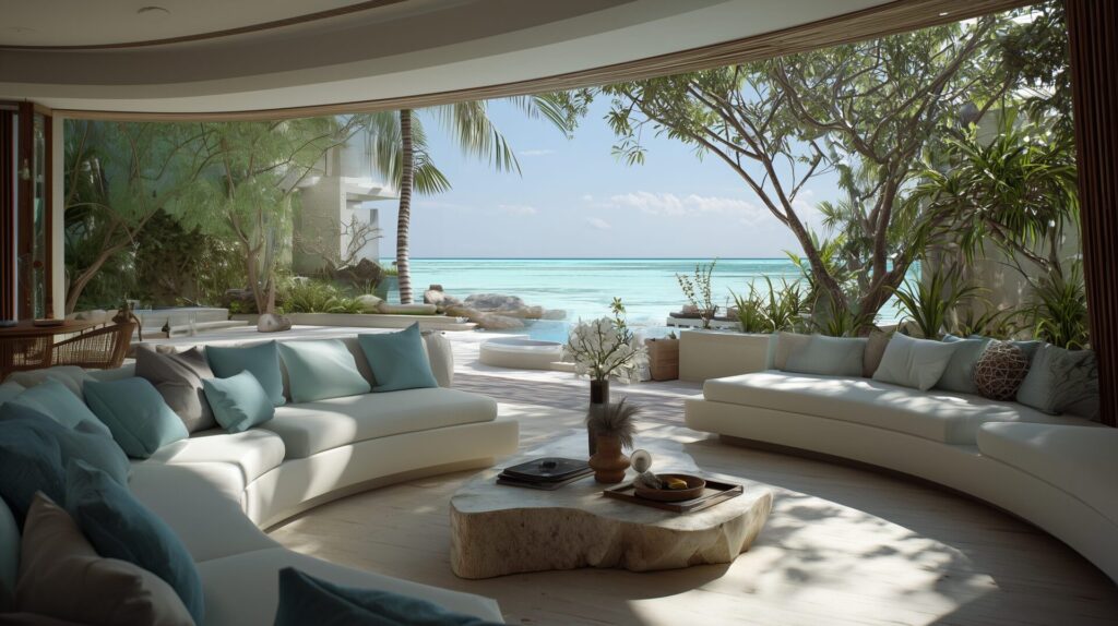 Maldives luxury hotel room with panoramic ocean views, neutral sofas, and natural textures, by Acquabella Studio.