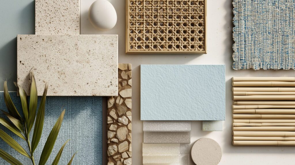 Interior design material board featuring rattan, stone, textiles, and coastal-inspired finishes, by Acquabella Studio.