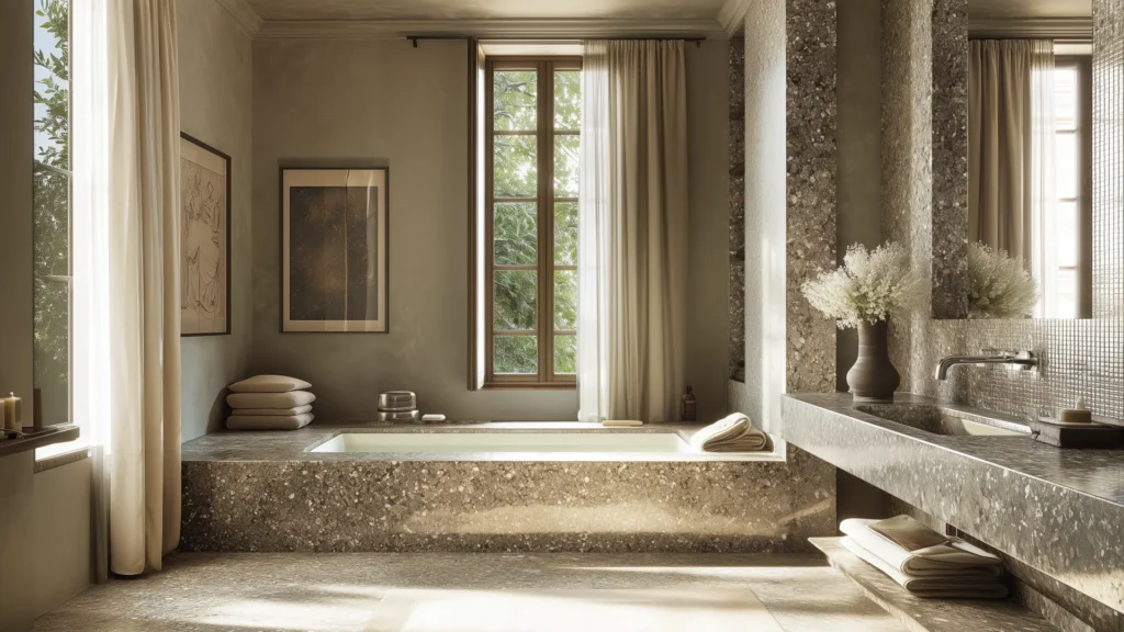 Luxurious Milan bathroom with freestanding bathtub, marble finishes, and soft natural light from tall windows.