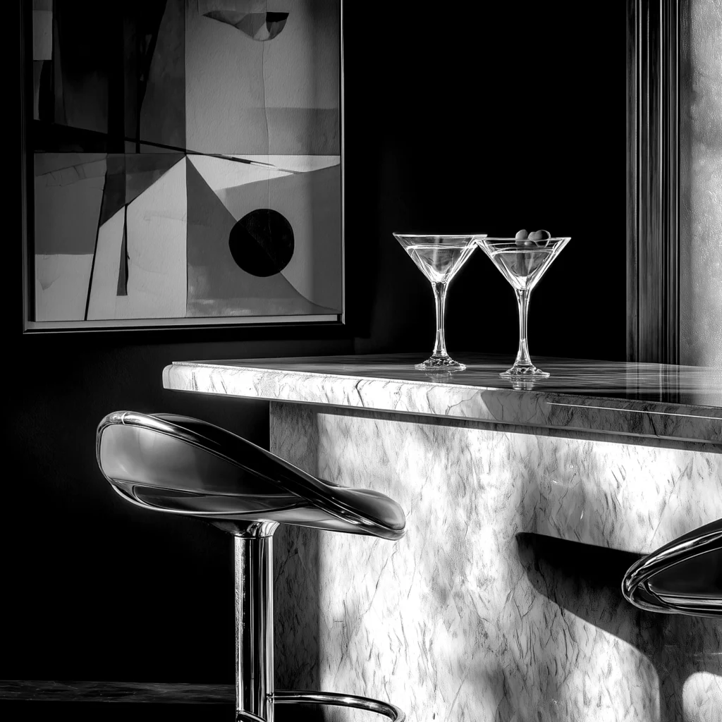 Black-and-white study of a sculptural Milan bar with martini glasses, evoking cinematic sophistication.