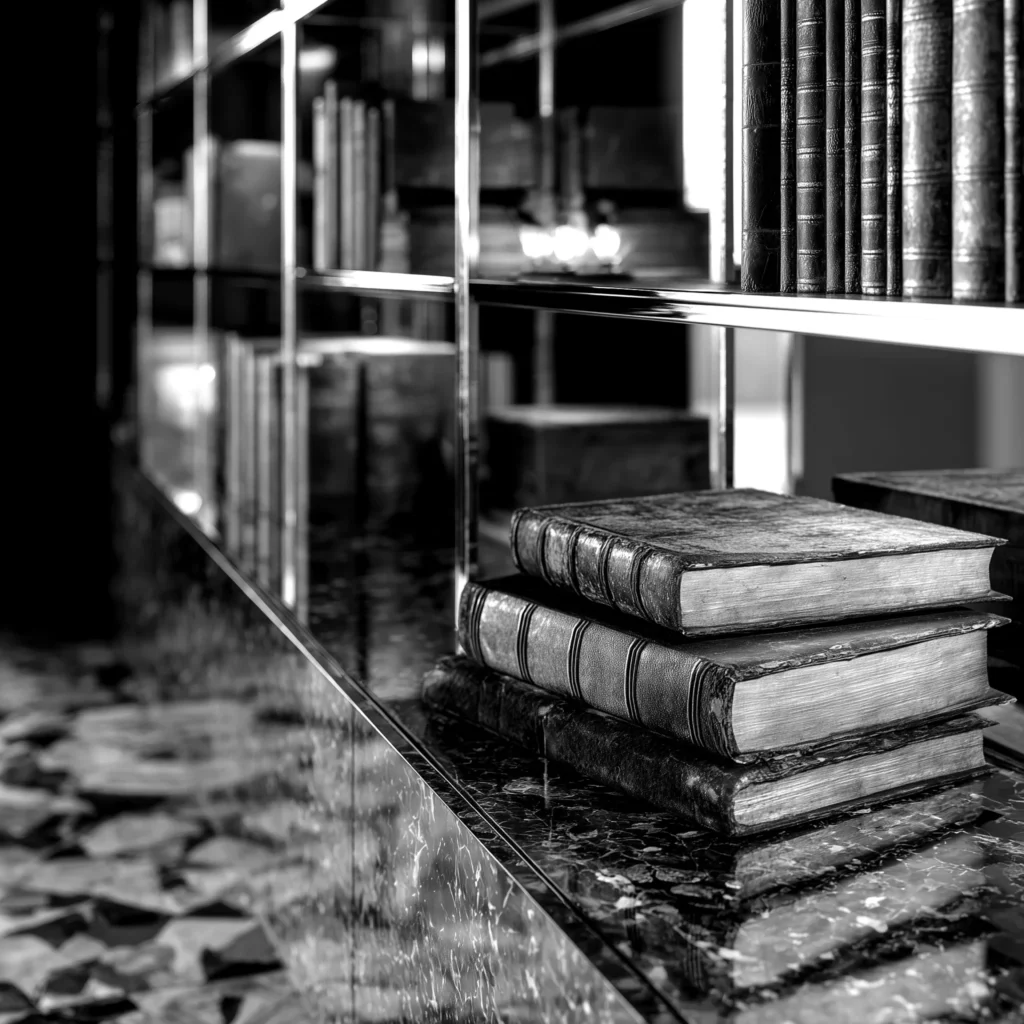 Detail of chrome shelving with ancient leather-bound books, creating contrast between modern materials and timeless knowledge